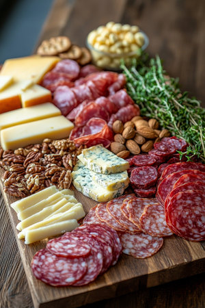 An assortment of cured meats, cheeses, nuts, and crackers arranged on a wooden platter, perfect for serving at gatherings or celebrations.の素材