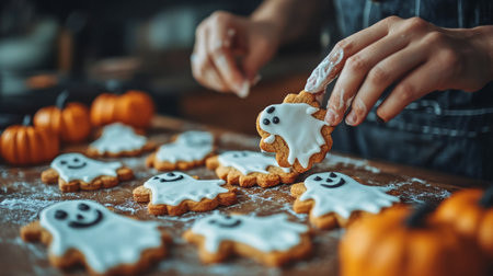 A pair of hands places frosted ghost-shaped cookies among various festive treats and pumpkins. The dark countertop is dusted with flour, enhancing the vibrant colors of the decorations and autumn elements surrounding the cookies.の素材