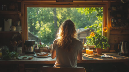 A woman sits at a table, enjoying breakfast with fresh fruits and drinks while gazing at a serene tropical pool enveloped in mist and surrounded by vibrant foliage.の素材