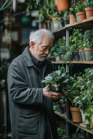 An elderly man inspects a healthy green plant while surrounded by shelves filled with various potted plants inside a greenhouse during the afternoon.の素材