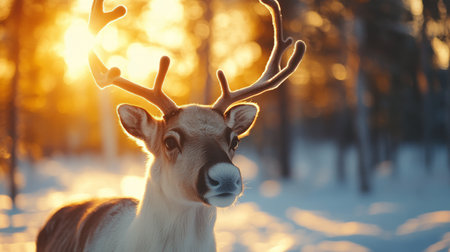 A majestic reindeer stands peacefully in the snow, its antlers catching the warm glow of the setting sun, creating a serene winter atmosphere as the daylight fades.の素材