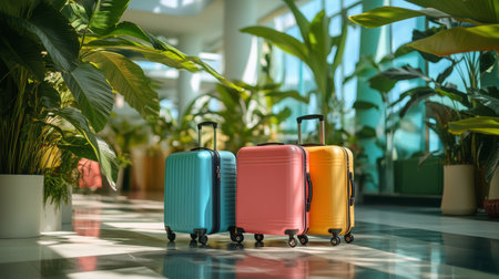 A vibrant stack of suitcases in red, yellow, and blue topped with a straw hat sits in a contemporary airport terminal surrounded by palm plants and empty seating areas.の素材