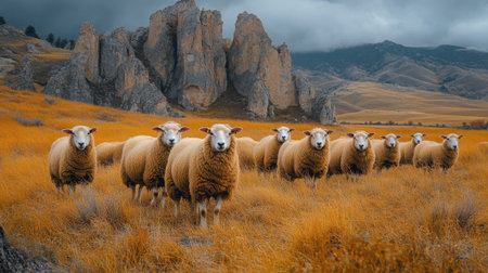 A flock of fluffy sheep grazes in a vibrant green meadow filled with yellow wildflowers, surrounded by rocky hills and lush vegetation under a clear blue sky.の素材