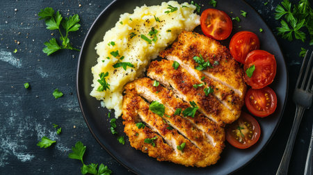 A plated meal featuring a golden grilled chicken breast resting beside a mound of creamy mashed potatoes, garnished with fresh parsley for added flavor and color.の素材