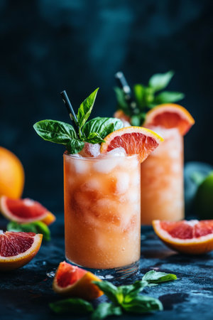 Bright orange drinks are garnished with mint leaves and orange slices, served in glass jars. Halved oranges and sprigs of mint are scattered around, creating a vibrant and inviting presentation.の素材