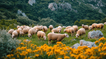 A flock of fluffy sheep grazes in a vibrant green meadow filled with yellow wildflowers, surrounded by rocky hills and lush vegetation under a clear blue sky.の素材