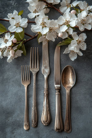 Forks and a knife are neatly placed beside delicate cherry blossom branches, creating an elegant display on a dark tabletop that adds a touch of springtime charm to the setting.の素材