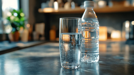 A clear glass filled with sparkling water stands next to a plastic bottle on a kitchen countertop, showing a refreshing hydration moment in a modern, bright setting.の素材