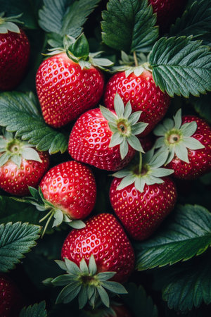 A cluster of plump, red strawberries with vibrant green leaves surrounding them, showing their freshness and natural ripeness.の素材