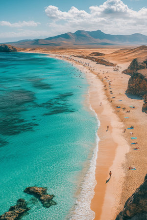 People enjoy a beautiful sunny day on a sandy beach, walking along the shore and relaxing by the water's edge, surrounded by hills and a clear sky.の素材