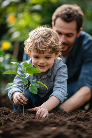 A young boy, with curly hair and a joyful expression, plants a small tree in rich soil while an attentive adult supports him in a lush garden filled with vibrant greenery.の素材