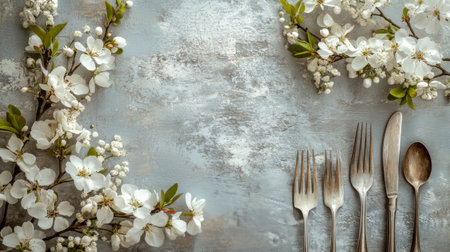 A collection of vintage silver utensils, including forks, a spoon, and a knife, arranged next to delicate white flowers and green leaves on a textured gray surface, creating a serene dining atmosphere.の素材