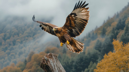 A golden eagle displays its impressive wingspan while perched on a weathered tree stump. Majestic mountains rise in the background under a cloudy sky, creating a stunning natural landscape.の素材