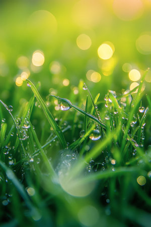 Drops of dew cling to the tips of vibrant green grass blades, illuminated by soft sunlight in a serene garden setting, creating a peaceful and refreshing morning atmosphere.の素材