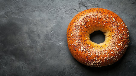A golden-brown sesame bagel sits on a textured dark stone surface, showing its crusty exterior and soft center, perfect for breakfast or a snack.の素材