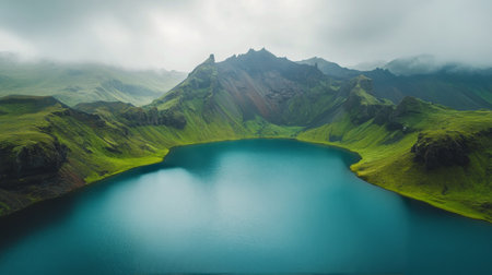 A breathtaking view of a vibrant blue crater lake formed by volcanic activity, encircled by steep, verdant hills. The landscape showcases Iceland's unique geological features under a cloudy sky.の素材