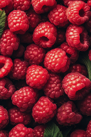 A vibrant cluster of fresh raspberries, featuring bright red berries and lush green leaves, is displayed on a wooden surface, showing their natural texture and ripeness under soft daylight.の素材