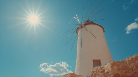 A traditional windmill stands tall against a vivid blue sky. The sun shines brightly overhead, illuminating the structure and creating a picturesque scene with fluffy clouds in the background.の素材
