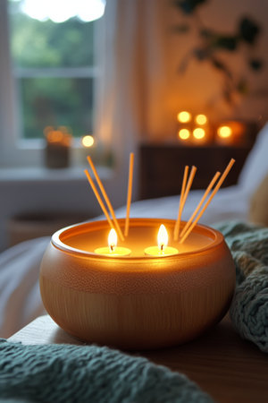 A warm living room corner features a wooden vase with a glowing interior, surrounded by lit candles and a small plant, creating a serene atmosphere enhanced by soft natural light streaming through the window.の素材