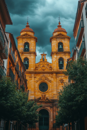 An ornate building with striking orange walls and intricate detailing stands against a backdrop of dark, swirling clouds, creating a captivating contrast in a vibrant city atmosphere.の素材