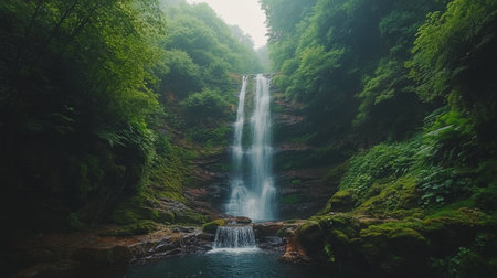 A tranquil waterfall tumbles into a clear pool surrounded by vibrant greenery, creating a peaceful atmosphere in the misty forest at dawn.の素材