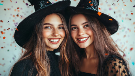 Two joyful friends dressed in Halloween costumes smile widely while surrounded by colorful confetti, capturing a moment of celebration and fun at a festive gathering.の素材