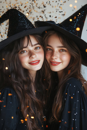 Two smiling women dressed in magical black witch costumes with pointed hats are surrounded by festive confetti, enjoying a cheerful atmosphere together.の素材