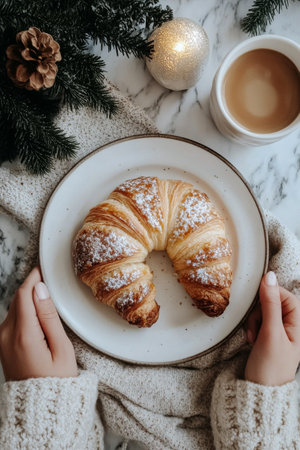 A person holds a plate with a flaky croissant, paired with a warm cup of coffee, surrounded by festive decorations on a cozy winter morning.の素材