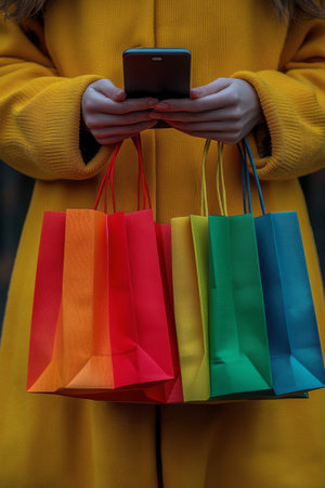 A young woman with wavy hair dressed in a warm, light sweater is focused on her smartphone while holding a paper bag in a bright indoor setting.の素材