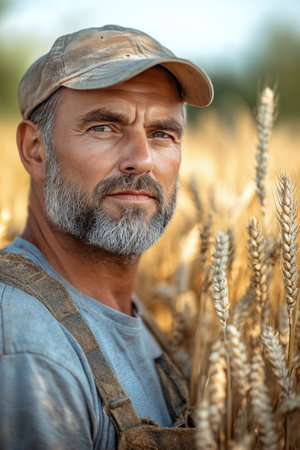 A man wearing a straw hat and glasses gazes thoughtfully while standing in a field of golden wheat during the evening hours, capturing the beauty of nature and the tranquility of rural life.の素材