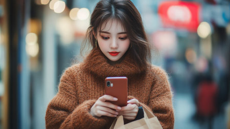 A woman dressed in a yellow outfit stands in a lush garden, looking at her smartphone. She holds a brown paper shopping bag in one hand, surrounded by verdant greenery.の素材