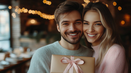 A young couple shares a joyful moment, smiling closely together in a warm, inviting cafe adorned with heart-shaped decorations, creating a romantic atmosphere.の素材