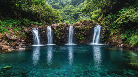 A tranquil waterfall tumbles into a clear pool surrounded by vibrant greenery, creating a peaceful atmosphere in the misty forest at dawn.の素材