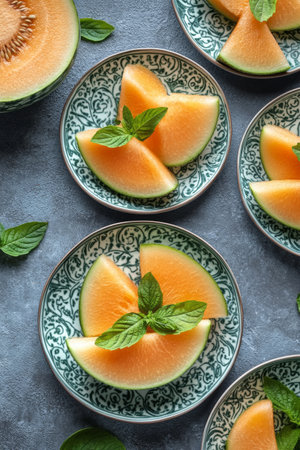 Slices of ripe cantaloupe are arranged on antique green plates, garnished with fresh mint leaves. The setting is bright and cozy, presenting a delightful and refreshing snack or dessert option.の素材