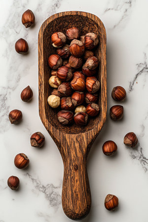 A wooden scoop filled with hazelnuts rests on a marble surface, surrounded by scattered nuts. The rich textures and colors create an inviting display, highlighting the natural beauty of this nutritious snack.の素材