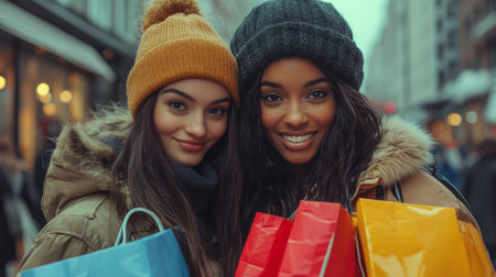 Two young women stand close together, beaming with joy as they hold brightly colored shopping bags. They are dressed warmly in winter attire, surrounded by a bustling urban atmosphere.の素材
