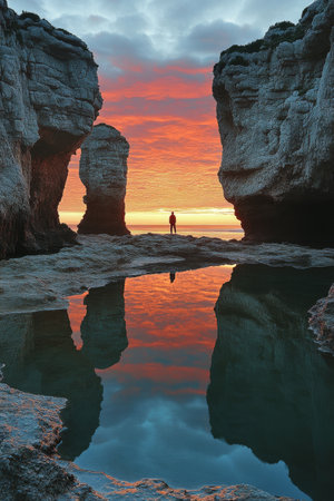 A person stands on rocky terrain at the coast, observing a vibrant sunset reflecting in tide pools filled with water. The sky is painted with colors as the day transitions into night.の素材