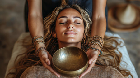 A woman relaxes as she receives sound therapy, with a golden singing bowl placed gently on her chest. The serene environment enhances her tranquility during the healing session.の素材