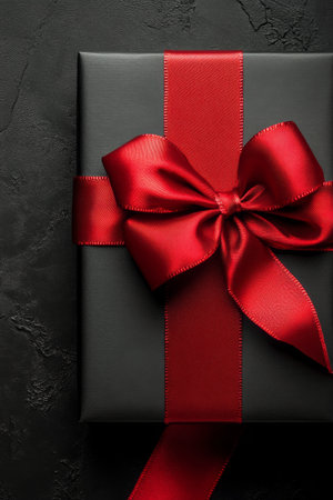 A beautifully wrapped black gift box adorned with a bright red ribbon and bow rests on a dark, textured surface, evoking feelings of celebration and surprise.の素材