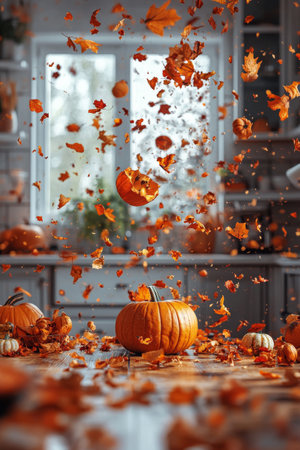 Bright autumn leaves float through a sunlit kitchen filled with pumpkins, capturing the beauty of fall as sunlight casts warm hues across the wooden floor and countertops.の素材