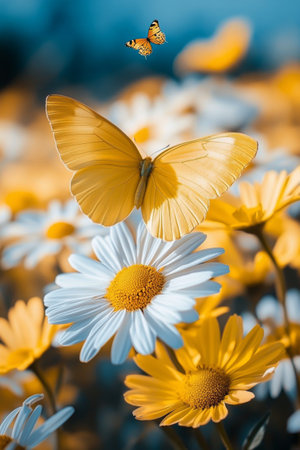 A vibrant monarch butterfly flutters among blooming daisies in a sunlit meadow, with a second butterfly visible in the background. The scene captures the beauty of nature during a bright spring day.の素材