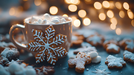 A cozy mug filled with hot cocoa and marshmallows is placed among decorated cookies, with twinkling holiday lights in the background, creating a delightful winter atmosphere.の素材