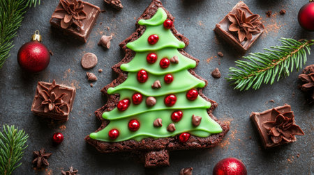 A decorative brownie designed as a Christmas tree, topped with green icing, adorned with chocolate chips, and surrounded by pine cones and holiday treats set against a rustic background.の素材