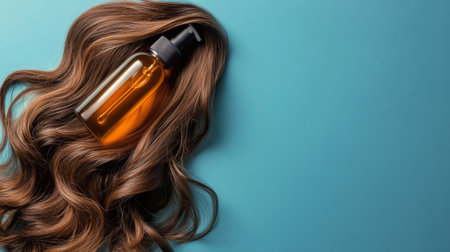 A woman with flowing hair poses elegantly, holding a dropper bottle near her face. The soft blue background enhances the relaxed atmosphere while highlighting her natural beauty.の素材
