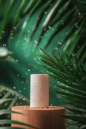 A sustainable skincare product stands upright on a wooden pedestal, surrounded by vibrant green foliage with droplets of water clinging to the leaves, creating a fresh and natural atmosphere.の素材