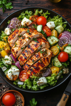 A vibrant salad featuring sliced grilled chicken, mixed greens, cherry tomatoes, cucumbers, bell peppers, and red onions drizzled with herbs, served on a rustic wooden table.の素材