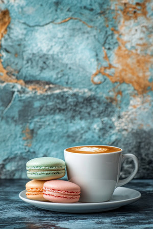 A white cup filled with coffee sits on a saucer beside three pastel macarons in green, orange, and pink against a vibrant blue and orange textured backdrop.の素材