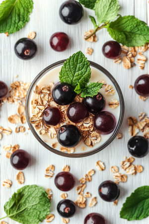 A glass of yogurt topped with fresh black grapes, oats, and mint leaves sits surrounded by scattered ingredients on a light wooden tabletop.の素材