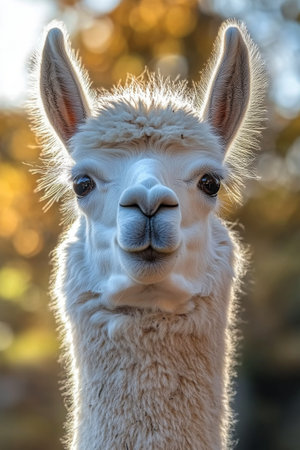 A fluffy alpaca gazes directly at the viewer, surrounded by golden grass and a picturesque landscape with rolling hills under a clear blue sky dotted with clouds.の素材