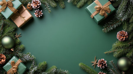 A collection of wrapped gifts in green and gold, surrounded by pine branches, pine cones, and decorative ornaments, creating a cheerful holiday atmosphere on a dark green backdrop.の素材